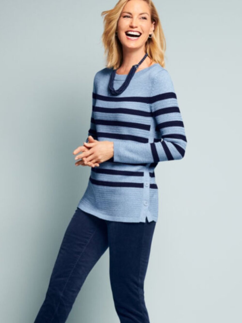 Talbots Blue Striped Textured Button Side Sweater Coastal Boat Neck Size Medium